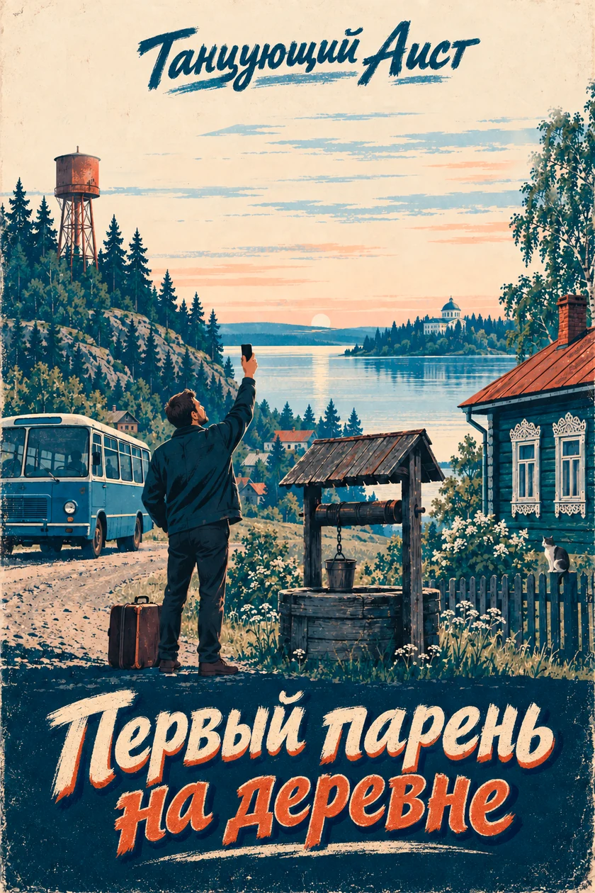 Обложка первой книги серии «Первый парень на деревне» Танцующего Аиста: мужчина с чемоданом в деревне у озера